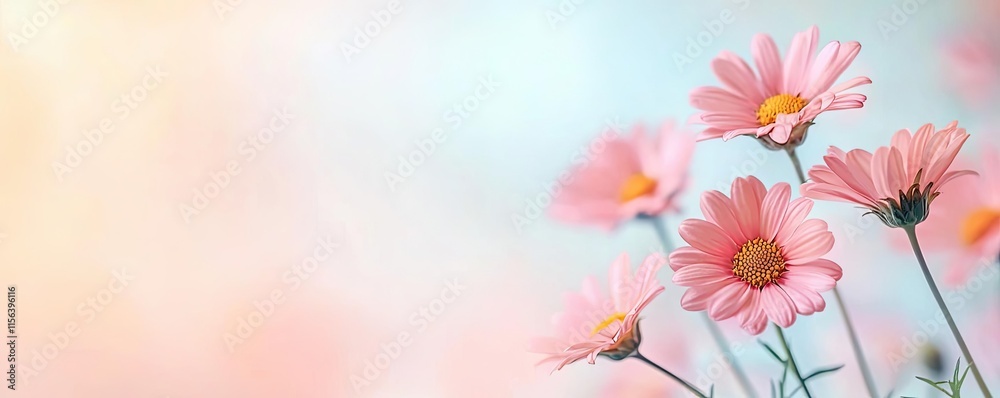 Fototapeta premium Pastel floral idea. A beautiful arrangement of delicate pink flowers against a soft pastel background.
