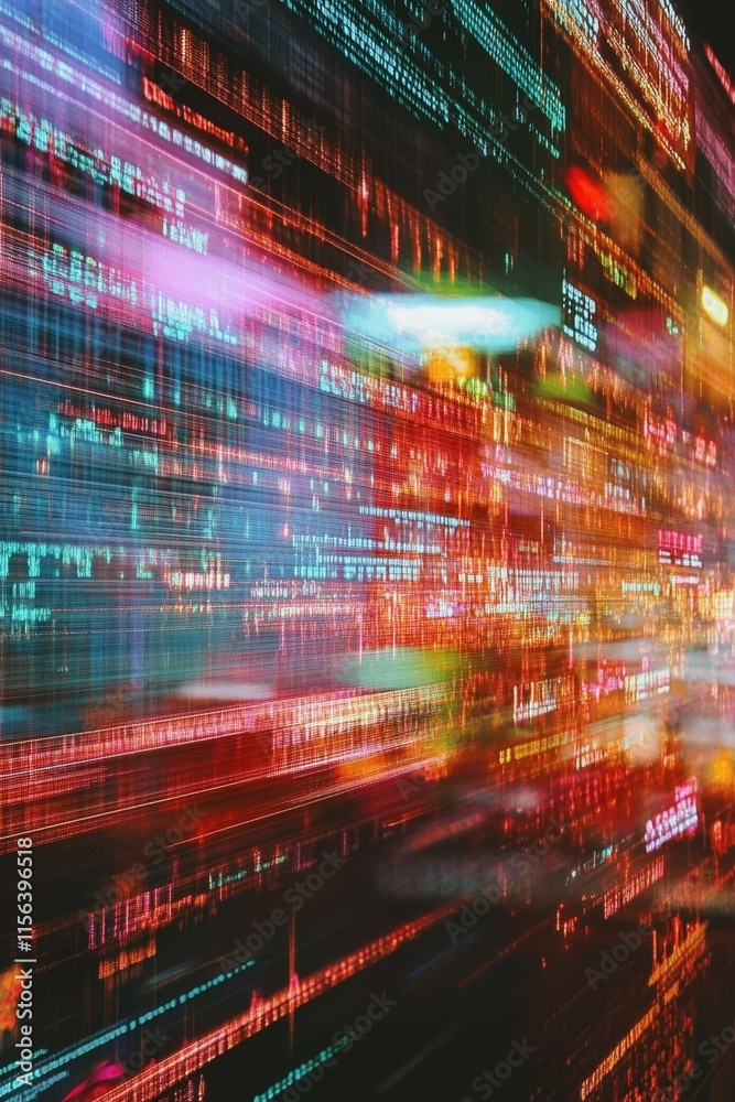 Obraz premium Colorful light trails creating an abstract pattern in a bustling city at night, showcasing movement and energy.