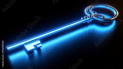 A glowing blue key rests on a dark surface, showcasing a sleek design that emphasizes modern aesthetics and technology.