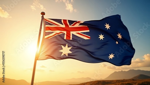 Australian Flag at Sunset: A Symbol of Pride and Patriotism photo