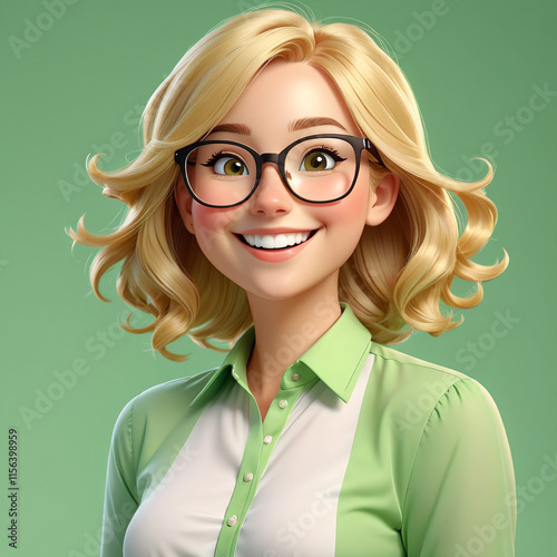 Smiling Blonde Cartoon Woman with Glasses