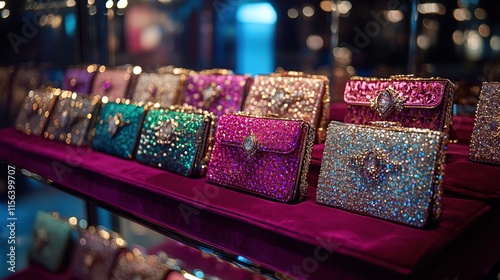 A high-end boutique setup showcasing a variety of clutches with sequins and jewels, arranged on a velvet display photo