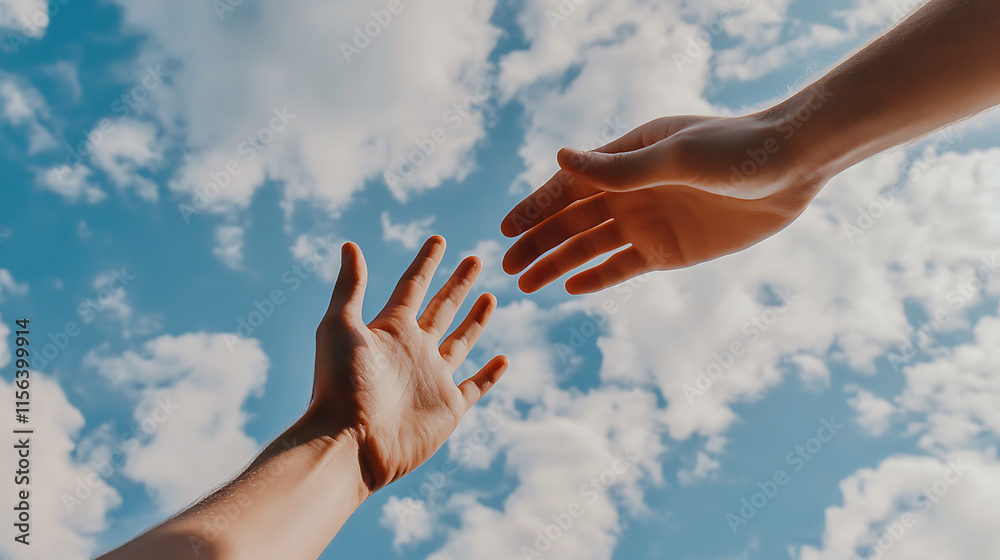 Reaching Hands Against a Cloud-Filled Sky: Symbol of Hope and Connection, Two outstretched hands reaching towards each other against a backdrop of a vibrant blue sky dotted with fluffy white clouds. Reaching Hands Against a Cloud-Filled Sky: Symbol of Hope and Connection, Two outstretched hands reaching towards each other against a backdrop of a vibrant blue sky dotted with fluffy white clouds.
