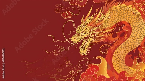 A powerful dragon illustrated with flames and dynamic motion, paired with festive text on a postcard