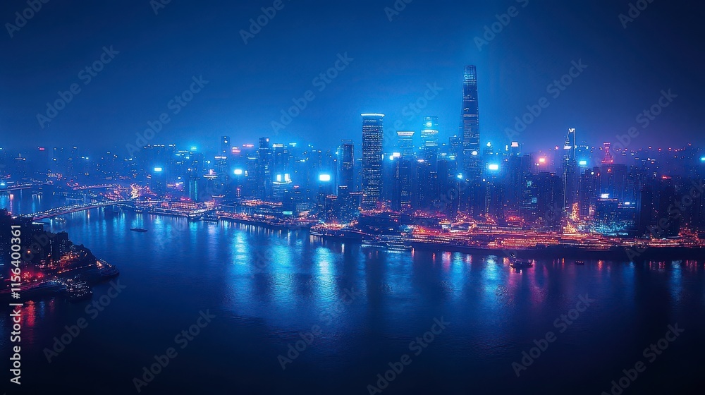 Night cityscape panorama, illuminated skyscrapers reflected in calm water. Night cityscape panorama, illuminated skyscrapers reflected in calm water.