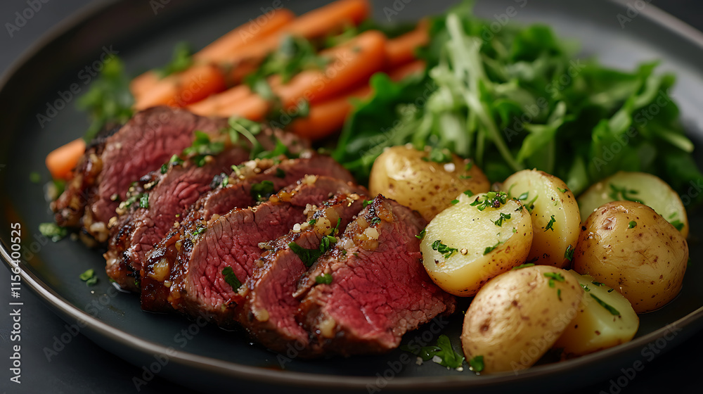 Sliced Roasted Beef with Roasted Potatoes and Carrots, Delicious and Healthy Meal, Close-up of a plate featuring perfectly sliced roasted beef, alongside roasted potatoes and carrots, and a bed of fre Sliced Roasted Beef with Roasted Potatoes and Carrots, Delicious and Healthy Meal, Close-up of a plate featuring perfectly sliced roasted beef, alongside roasted potatoes and carrots, and a bed of fre