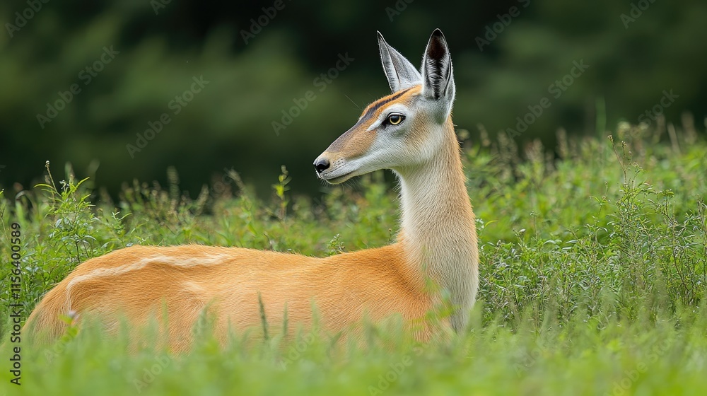 Female antelope resting in tall grass, profile view. Female antelope resting in tall grass, profile view.
