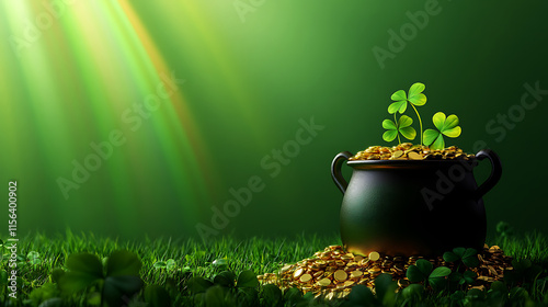 Golden coins fill a mystical pot for luck and fortune. A dark, rustic pot overflowing with golden coins, nestled amongst scattered coins on a wooden surface.