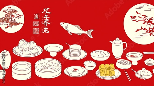 Traditional Chinese family reunion dinner with dishes like dumplings, fish, rice cakes, and oranges arranged beautifully on a round table