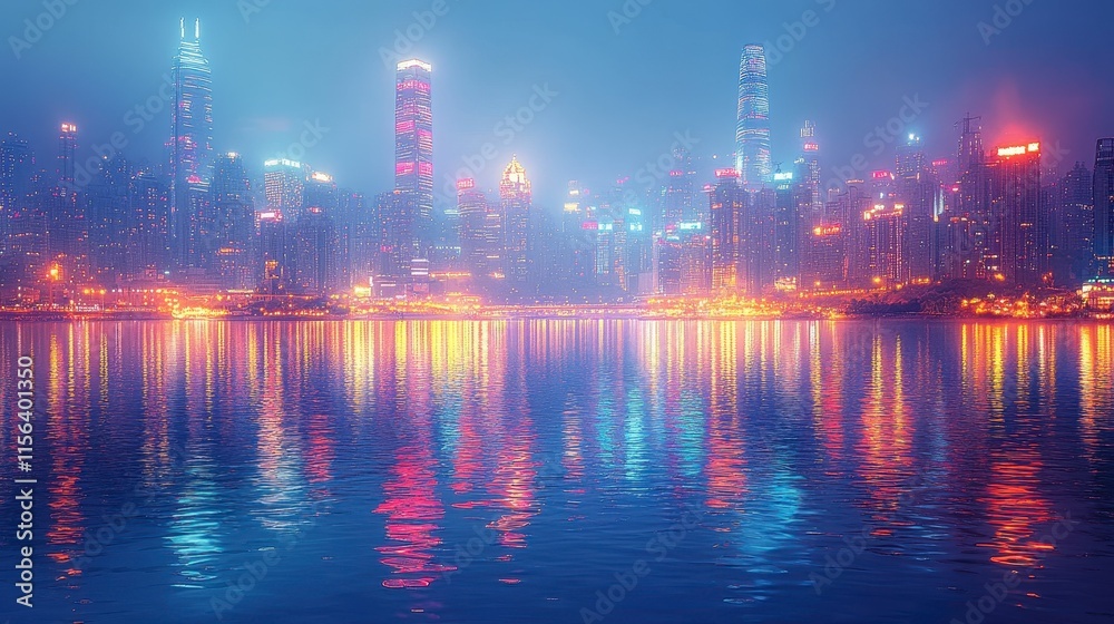 Night cityscape reflected in calm water, hazy atmosphere. (1) Night cityscape reflected in calm water, hazy atmosphere. (1)