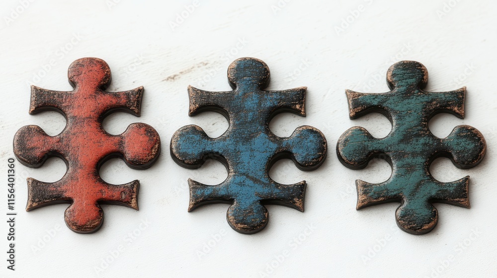 Fototapeta premium Three decorative metal pieces in red and blue, featuring a distinct cross-like design, showcasing unique textures and colors.