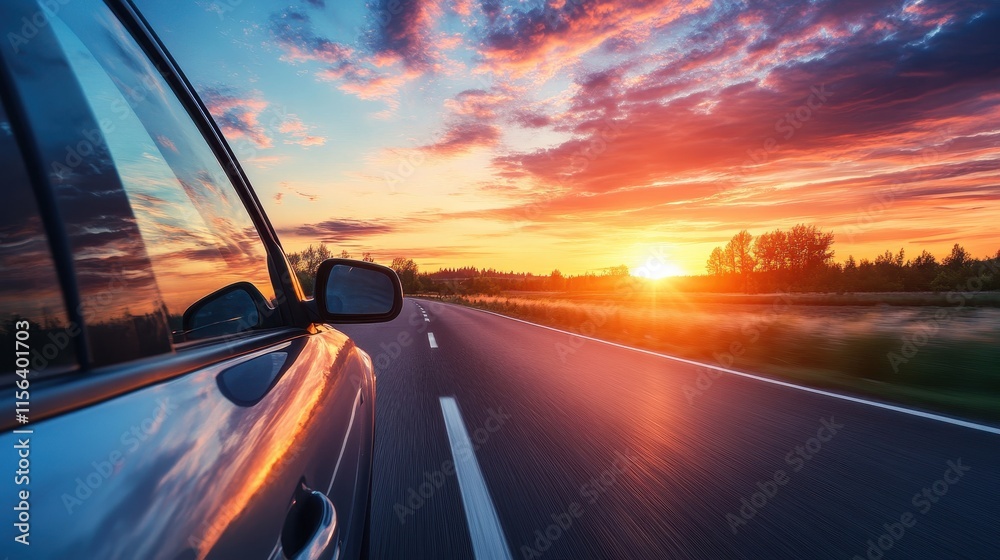 Car drives on open road at sunset. Perfect for travel, adventure, and freedom themes. Car drives on open road at sunset. Perfect for travel, adventure, and freedom themes.