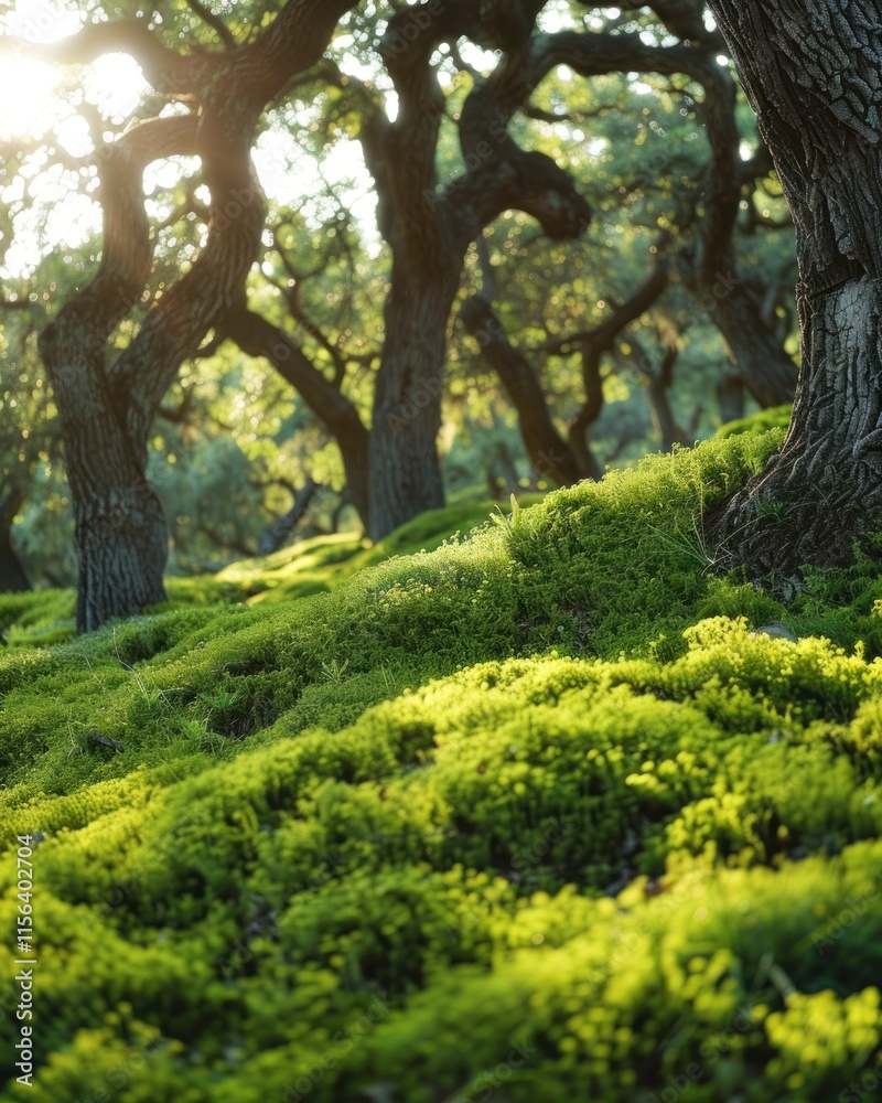 Fototapeta premium Sunlit forest floor with moss and trees.