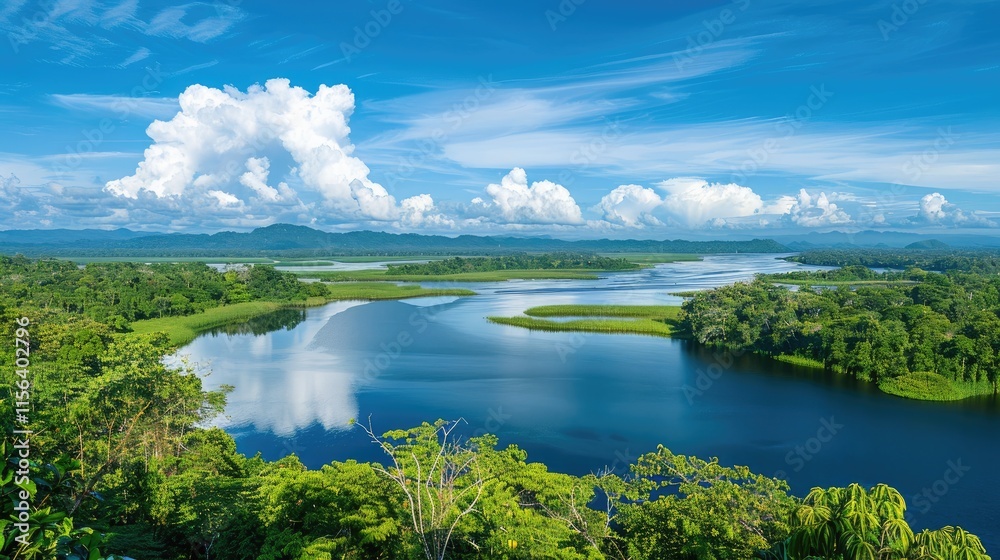 A serene landscape featuring a river, lush greenery, and a blue sky with clouds. A serene landscape featuring a river, lush greenery, and a blue sky with clouds.
