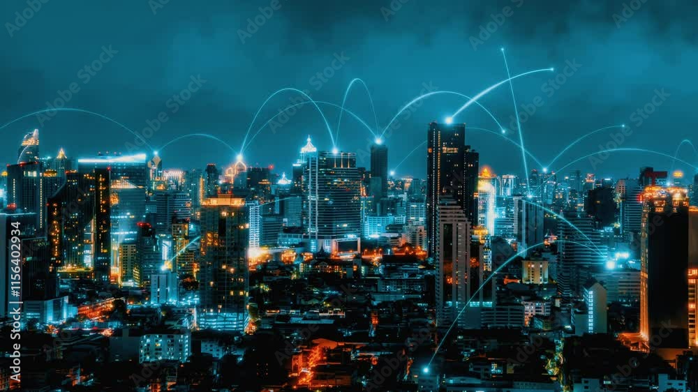 Smart digital city with connection network reciprocity over the cityscape . Concept of future smart wireless digital city and social media networking systems that connects people within the city .