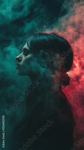 Woman in colorful smoke, profile portrait.  Concept of mystery, fantasy, art.