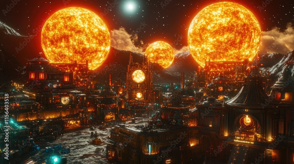 Naklejka premium Futuristic city illuminated by two massive burning suns at night.