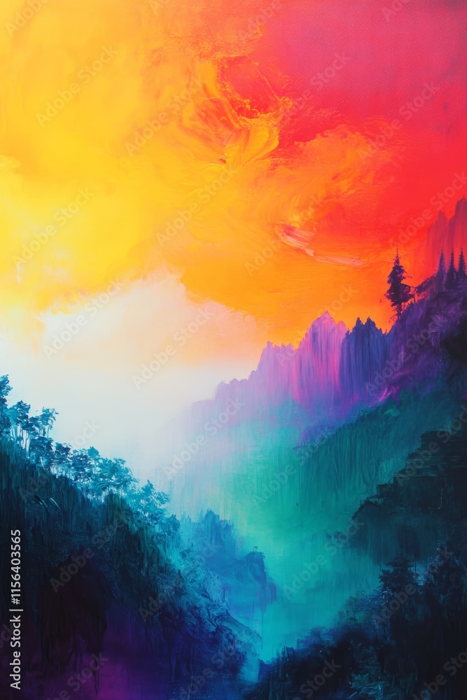 Fototapeta premium A colorful abstract landscape painting featuring vivid hues and a dreamlike atmosphere, perfect for modern art enthusiasts.