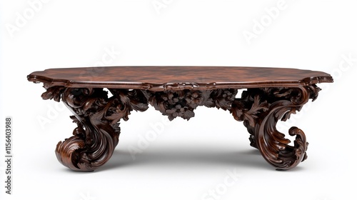 Ornate wooden coffee table with intricate carvings.