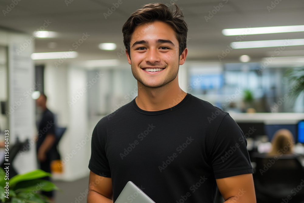 Fototapeta premium Smiling Young Professional Holding a Notebook in a Bright, Modern Office with an Open-Plan Layout and Lush Green Plants Happy Businessman in a Black T-Shirt, Standing in a Contemporary Office Setting 
