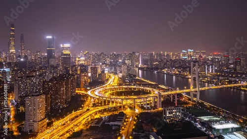 4K Time Lapse Aerial view of NanPu Bridge at night in Shanghai