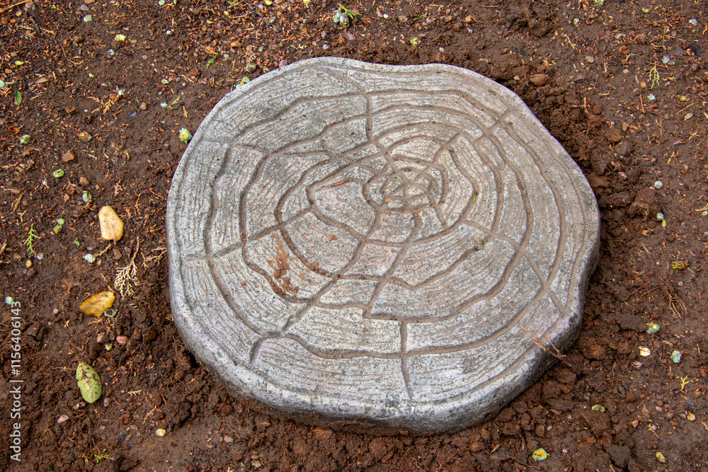 A cement art stepping stone isolated on a patch of wet soil in a garden A cement art stepping stone isolated on a patch of wet soil in a garden