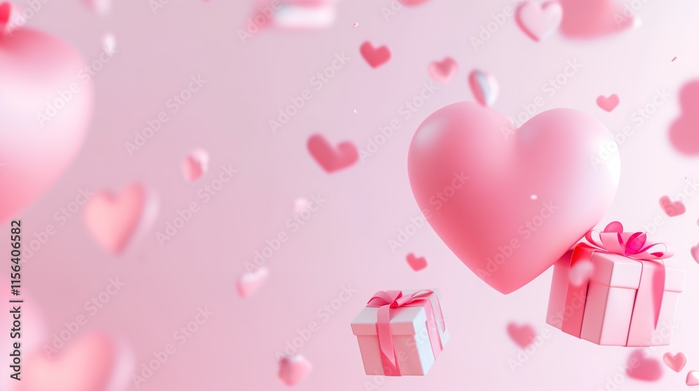 Romantic Valentine's Day with delicate pink heart and floating gift box in soft pastel-hued sky, beautiful bokeh effect showing love. Heartwarming moment for lovers on this special day Romantic Valentine's Day with delicate pink heart and floating gift box in soft pastel-hued sky, beautiful bokeh effect showing love. Heartwarming moment for lovers on this special day