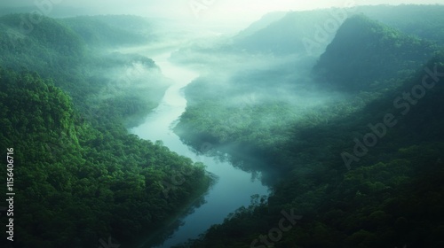 Wallpaper Mural Misty river valley winding through dramatic mountain landscape with ethereal atmosphere creating mysterious natural scene Torontodigital.ca