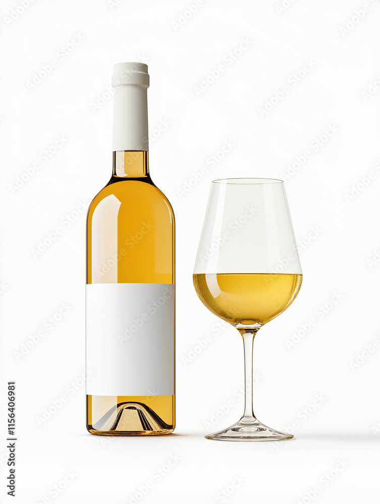 Elegant White Wine Bottle and Glass Displayed Against Clean White Background