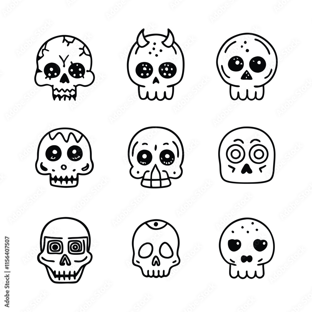 Fototapeta premium Halloween skull set cute doodle line art icons