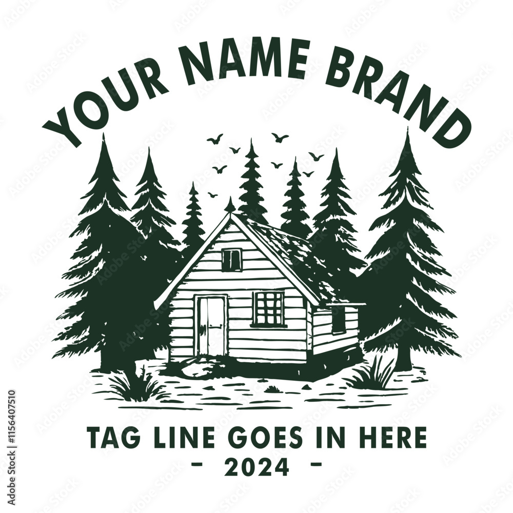 Obraz premium small logo cabin in the middle of the forest surrounded by pine trees Rough lines with minimalist details give an old and authentic look