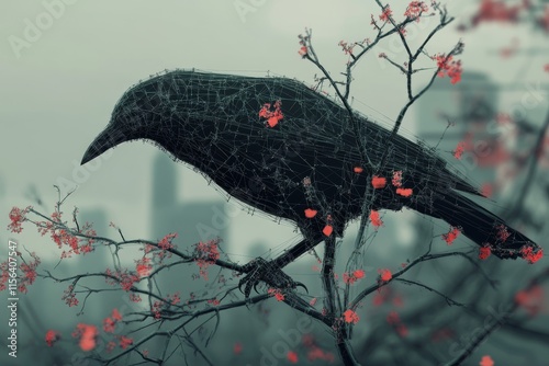 A digital artwork featuring a crow on a branch with red flowers, set against a misty cityscape. photo