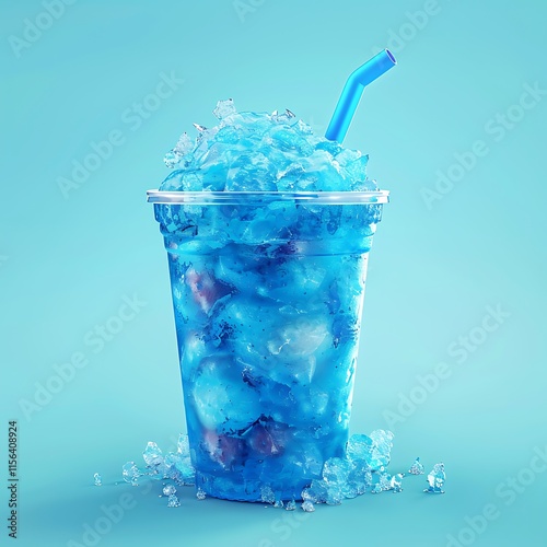 Blue raspberry slushie in a clear cup, blue color with crushed ice and straw, summer vibes.