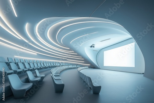 futuristic auditorium with chairs and white screen