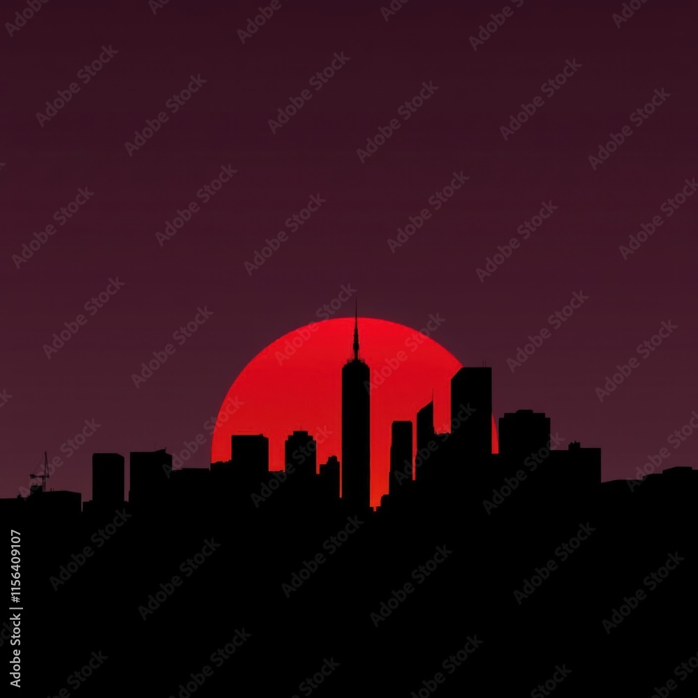 Naklejka premium Silhouette of a city skyline at sunset with a red and blue gradient effect. skyline silhouette. cityscape illustration architecture city