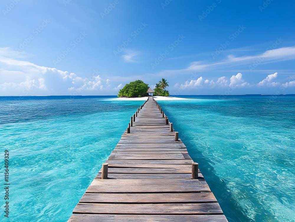 Obraz premium A wooden bridge leading to an island in the middle of a clear blue sea with a beautiful sky