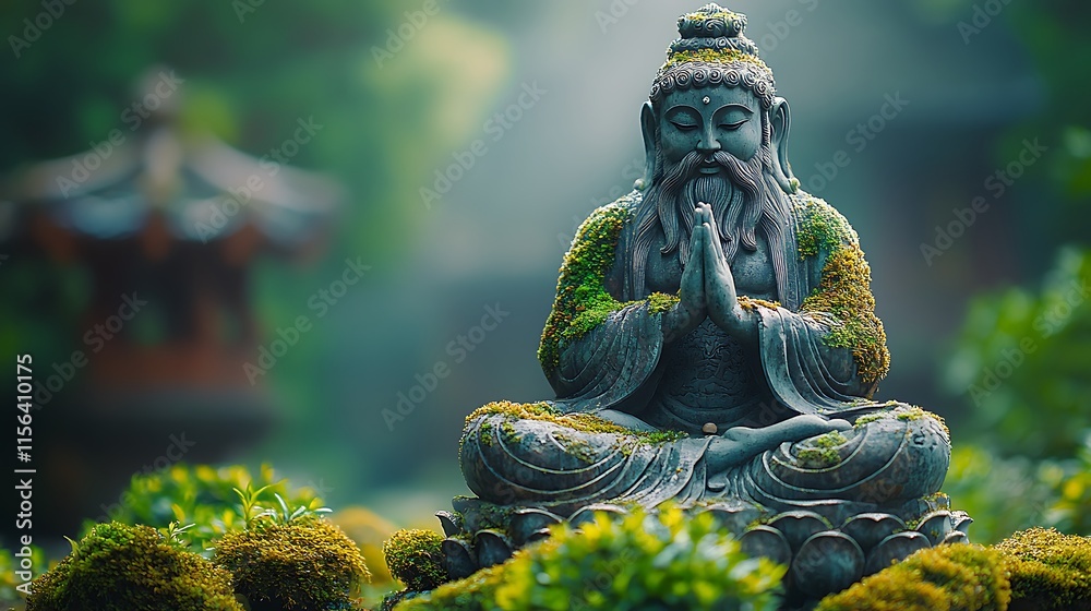 Moss Covered Buddha Statue Meditating in Garden Moss Covered Buddha Statue Meditating in Garden
