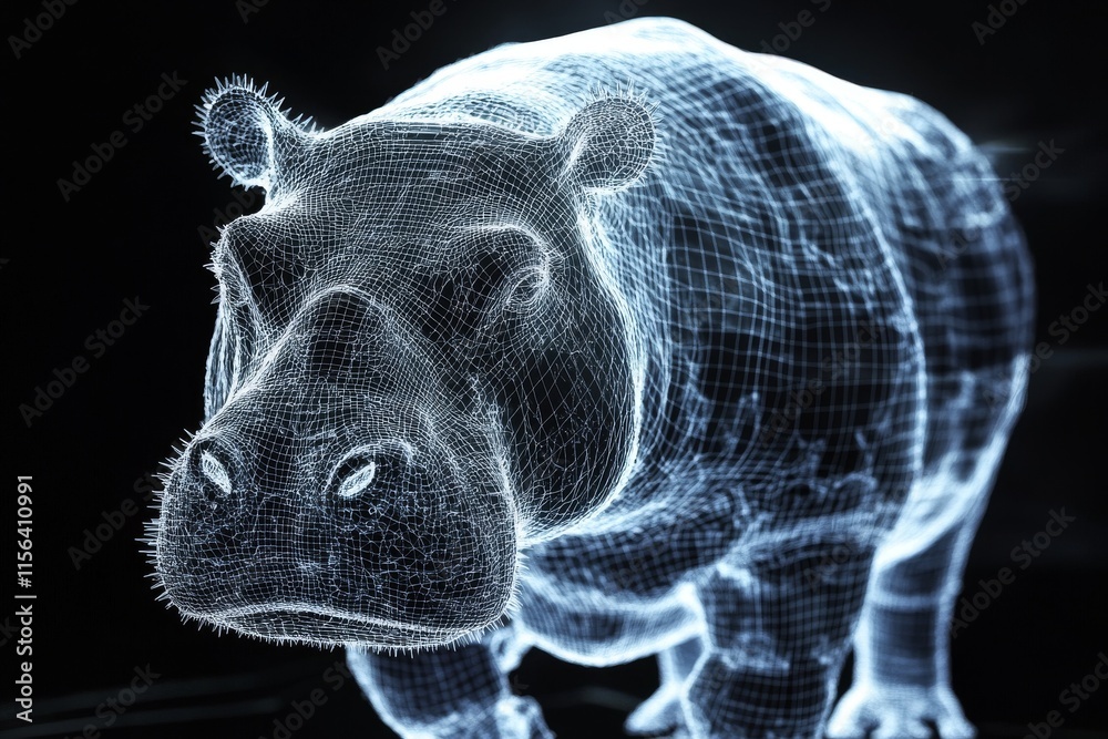 A digital wireframe rendering of a hippopotamus, showcasing neon blue highlights against a dark background. A digital wireframe rendering of a hippopotamus, showcasing neon blue highlights against a dark background.