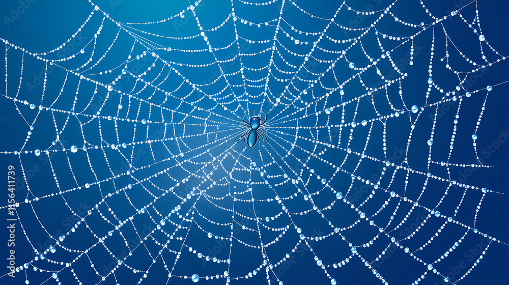 Obraz premium A tight shot of a spider's web with dewdrops on the silken threads. Silken. Illustration