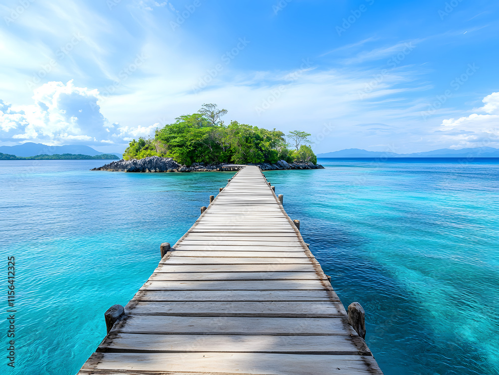 Obraz premium A wooden bridge leading to an island in the middle of a clear blue sea with a beautiful sky