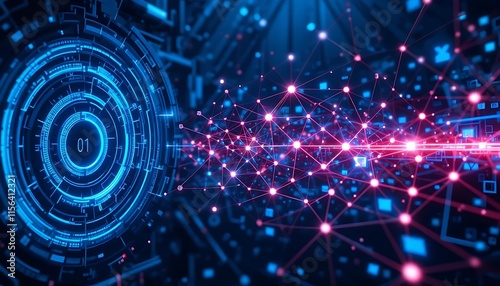 Futuristic Digital Network with Glowing Connections and Circular Interface background