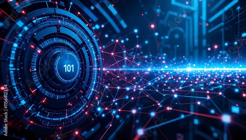 High-tech illustration showcasing a glowing digital network with interconnected nodes and a futuristic circular interface.
