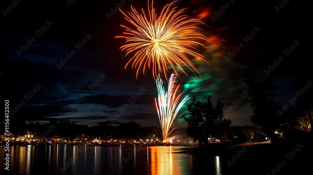 Spectacular Fireworks Display Over Calm Lake at Night Spectacular Fireworks Display Over Calm Lake at Night