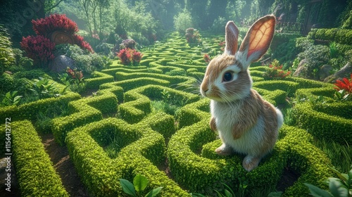 Cute bunny sits in a lush green maze garden. Perfect for children's books, springtime themes, or whimsical designs. photo