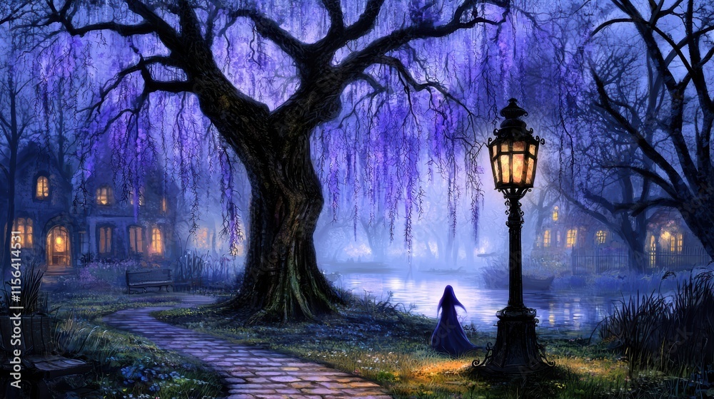 Enchanted Night Scene with Lantern and Mystical Willow Tree Enchanted Night Scene with Lantern and Mystical Willow Tree