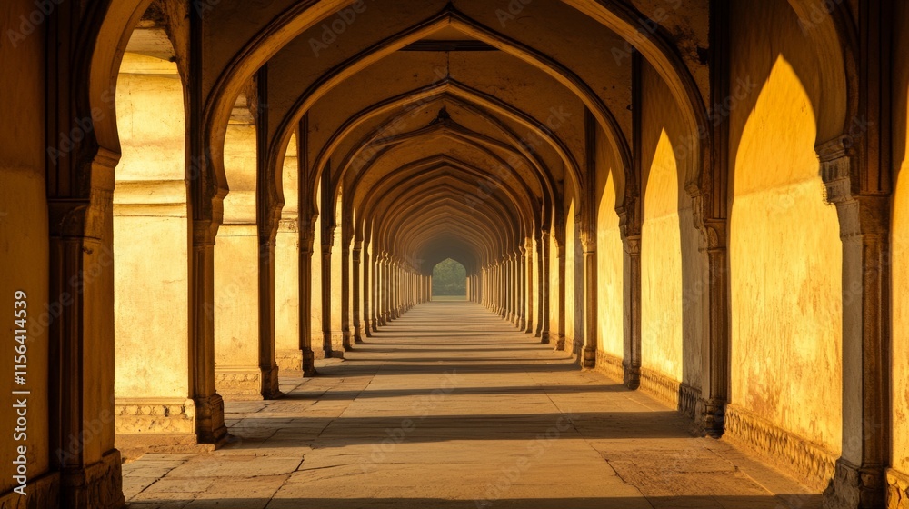 A long hallway with arched ceilings and a sunbeam shining through. The sunbeam is on the right side of the hallway A long hallway with arched ceilings and a sunbeam shining through. The sunbeam is on the right side of the hallway