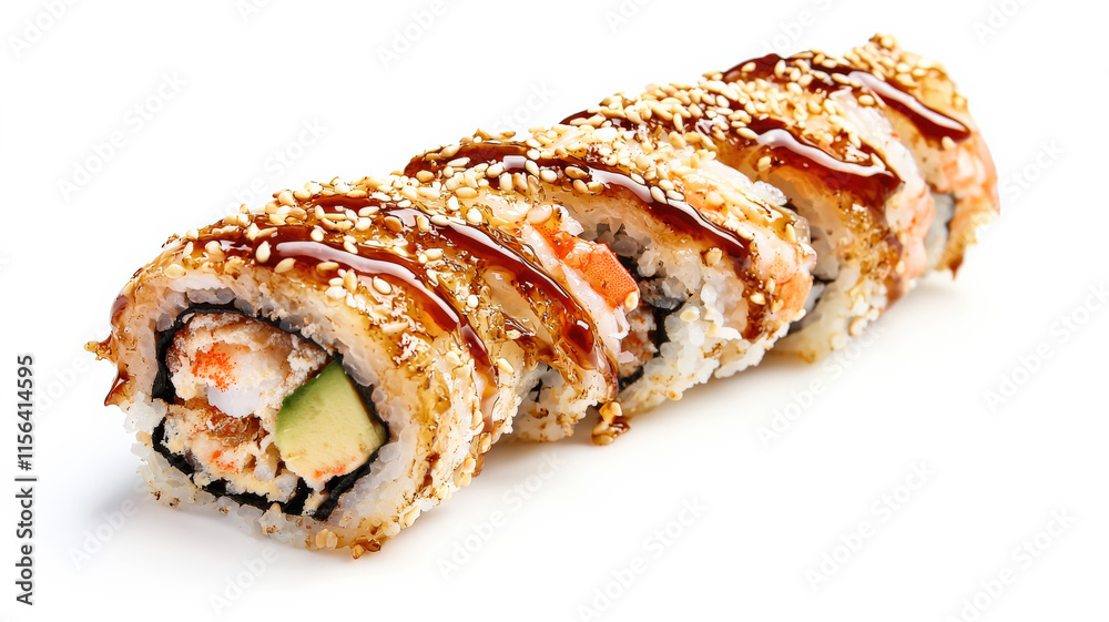 A luxurious sushi roll featuring fresh tuna, creamy avocado, and crispy tempura shrimp, elegantly drizzled with rich eel sauce and garnished with sesame seeds, showcasing a perfect blend of flavors. A luxurious sushi roll featuring fresh tuna, creamy avocado, and crispy tempura shrimp, elegantly drizzled with rich eel sauce and garnished with sesame seeds, showcasing a perfect blend of flavors.