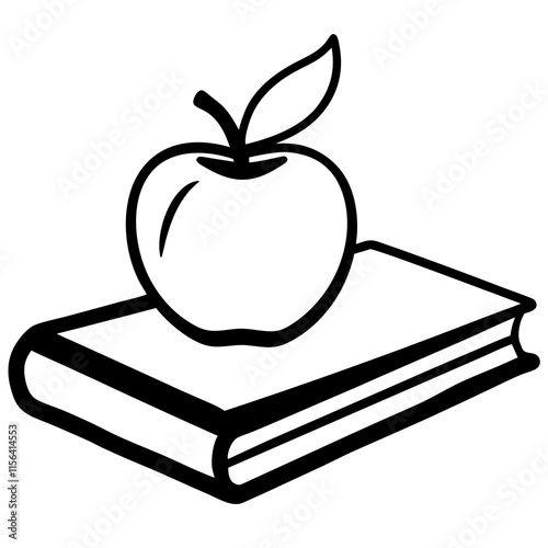Apple on Book Line Art Vector Illustration