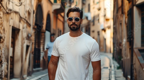 Stylish Man in White T-Shirt Walking Through a Charming European Street