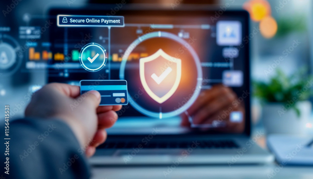 concept of a secure online payment transaction process. Someone using a computer interface with a verification checkmark to ensure a safe credit card online paymen